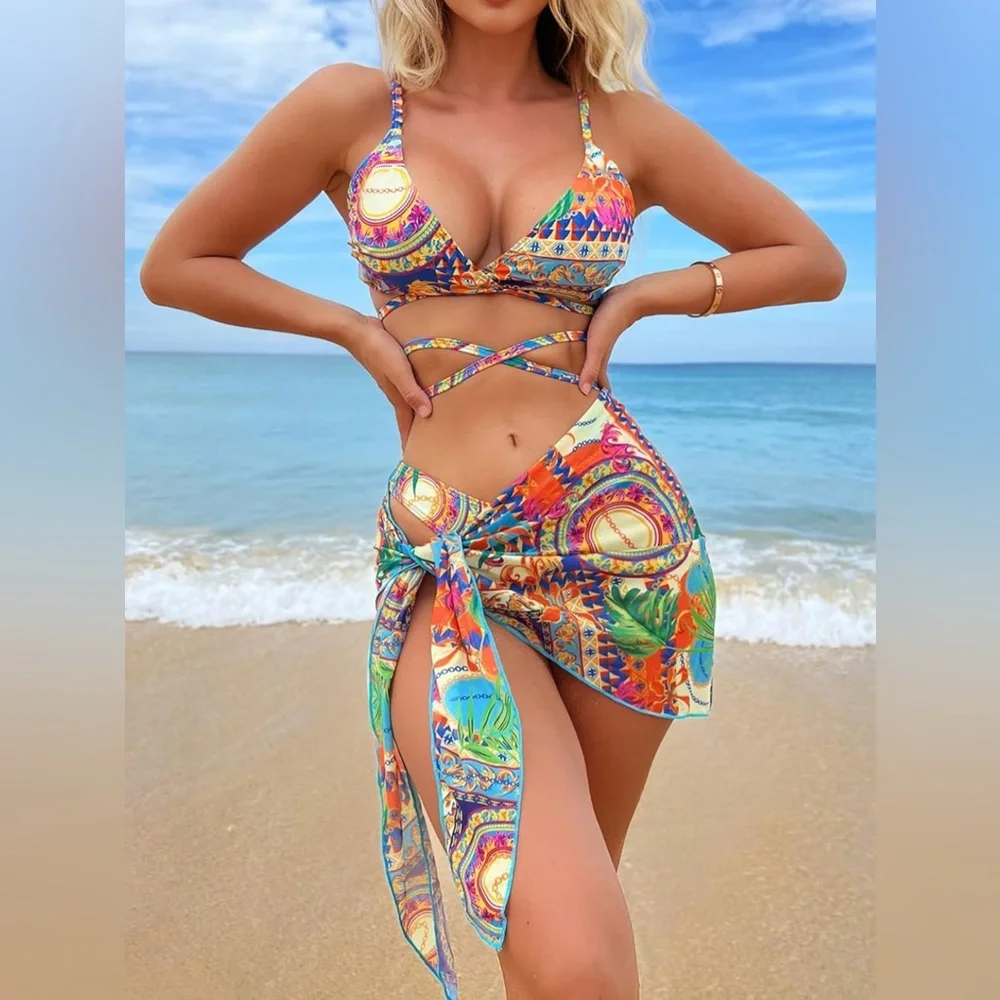 Women's 3 Piece Print Cutout Criss Cross Bikini Swimsuit w Beach Skirt Medium